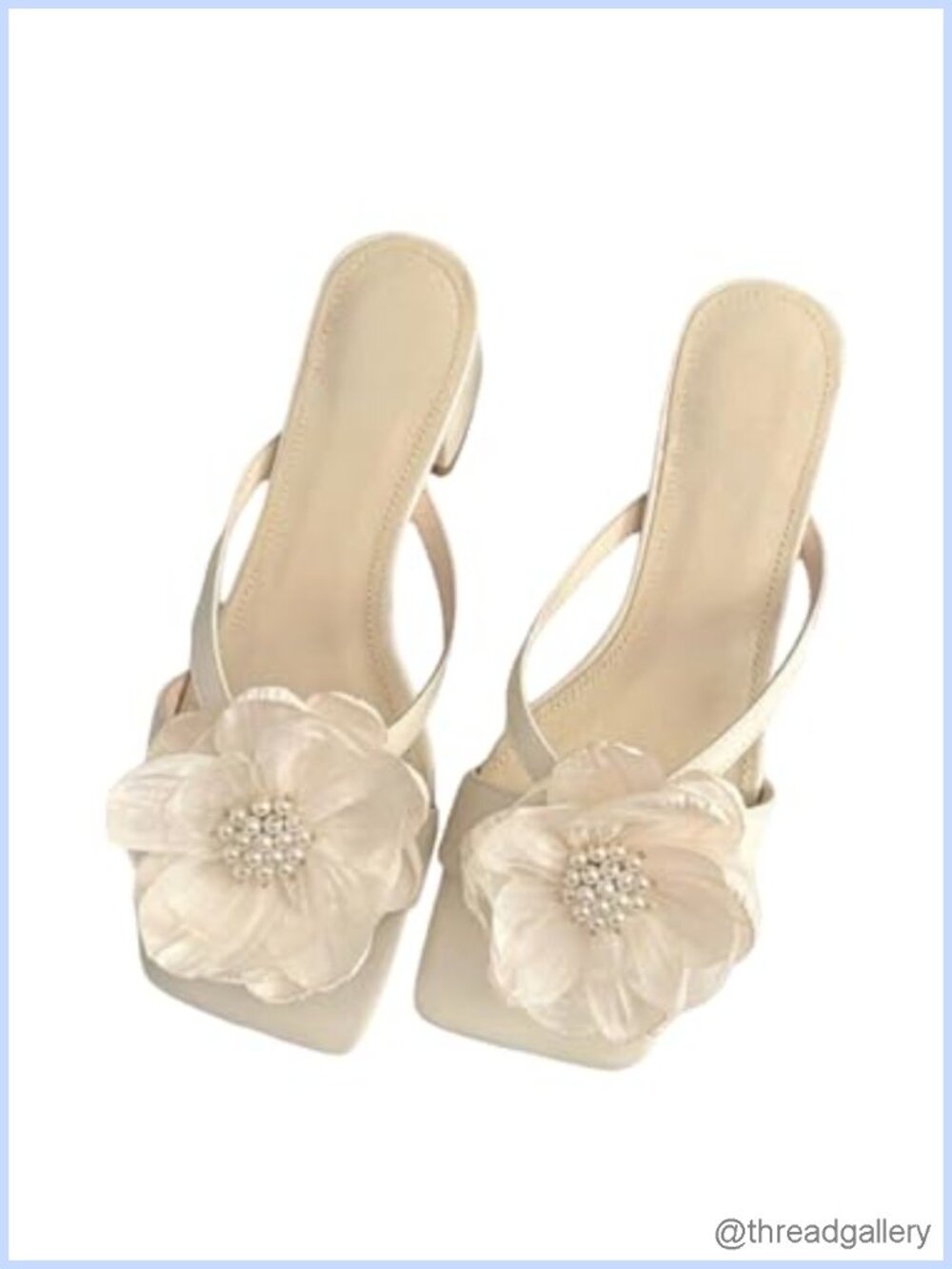 Chunky Heel Flats with Flower Pearl Decor Open Toe Ankle Strap Sandals
